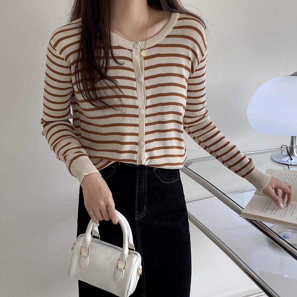 Áo khoác cardigan dệt kim mỏng dáng rộng kẻ sọc phong cách Hàn Quốc