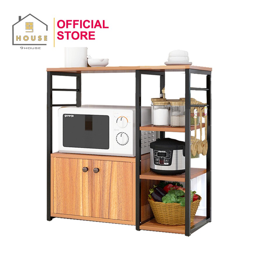 Kệ lò vi sóng 3 tầng mã 1702 9House để lò nướng nồi cơm điện khung sắt dày tĩnh điện chống rỉ mặt gỗ