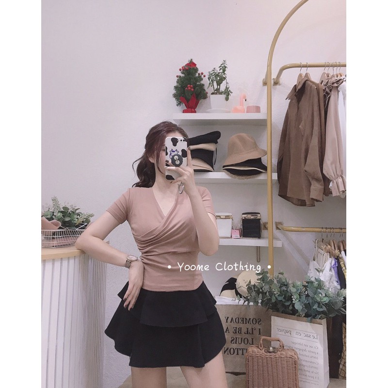 Áo cổ vạt chéo V xếp ly eo chất cottonzip dày dặn co giãn đa chiều cho nữ Yoomeclothing  [ ẢNH THẬT SHOP CHỤP ]