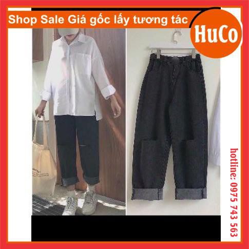 sét trang phục nữ, sét đồ áo sơ mi trắng dài tay xẻ tà basic trơn + quần bò đen cạp cao ống rộng siêu hách dáng tách lẻ | BigBuy360 - bigbuy360.vn
