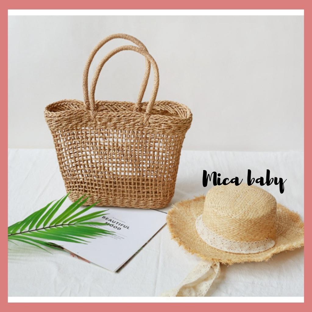 Mũ cói vành rộng đi biển thắt dây ren đáng yêu cho bé Mica Baby MH107