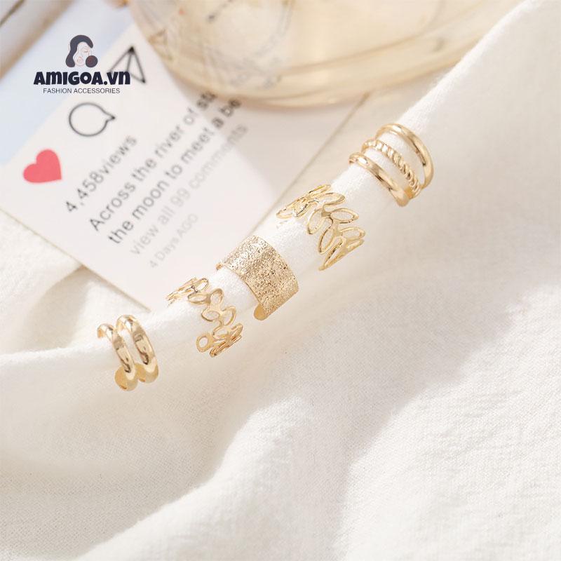 【amigoa.vn】Bộ Khuyên Tai Kẹp Vành Tai Không Cần Xỏ Lỗ Nhiều Lớp Hình Lá Rỗng Nhiều Lớp