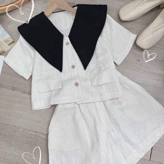 Set áo crotop cổ peter + quần short trắng
