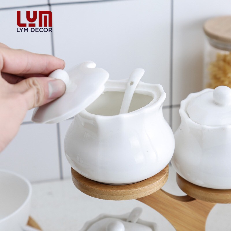 (SẴN) Kệ 3 hũ gia vị hình cây - Bộ hũ đựng gia vị sứ cao cấp k chì - Hàng xuất Âu