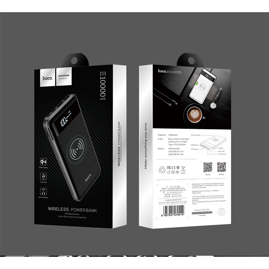 Sạc không dây Hoco J11 thông minh chuẩn Qi kiêm pin dự phòng 10000 mAh cho Iphone 8, iphone X, Note8