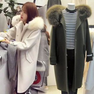 Áo khoác dạ Hàn Quốc mũ lông - rêu
