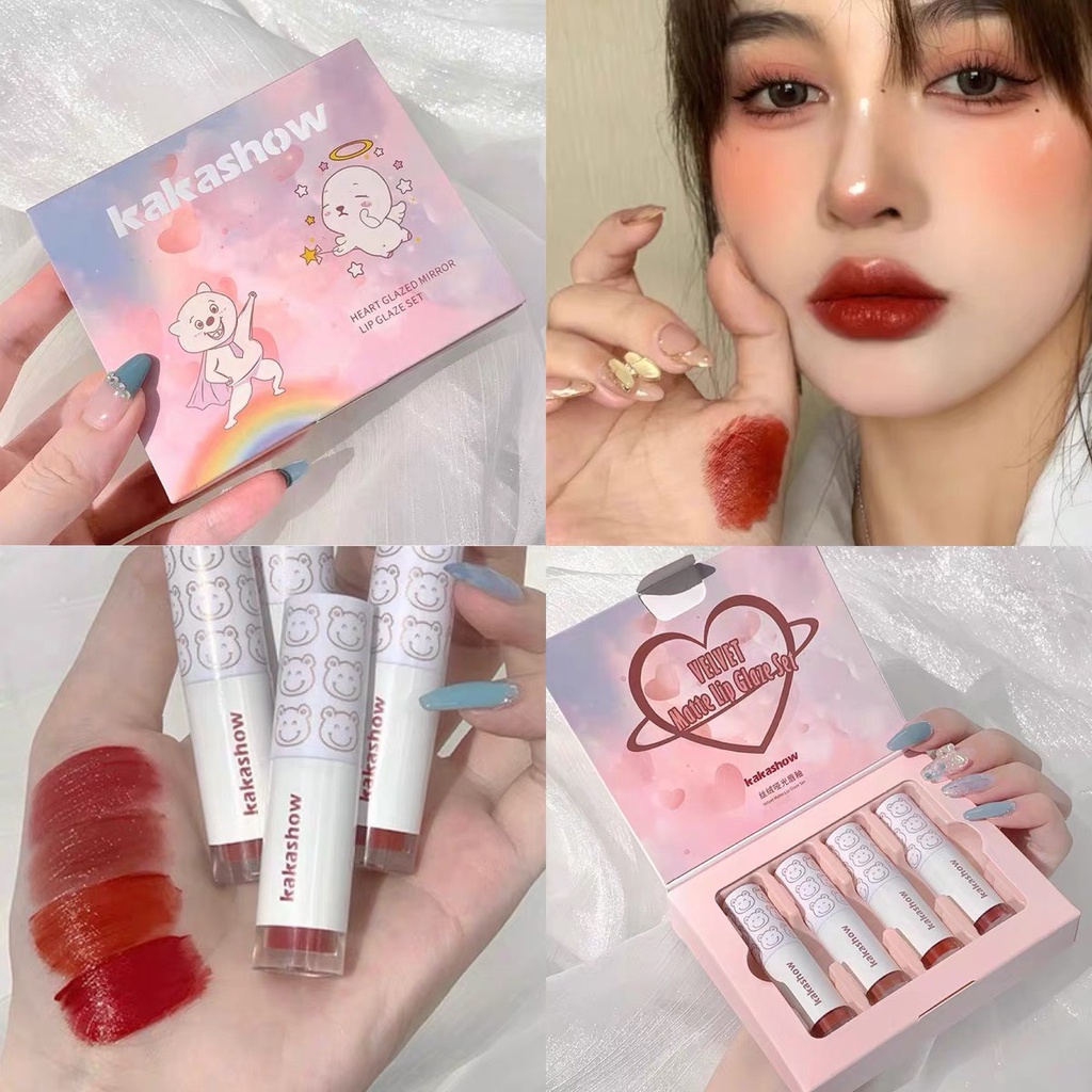 Set 4 son kem gấu KAKASHOW mịn lỳ căng bóng Heart Glazed Mirror Lip Glaze KAKA03