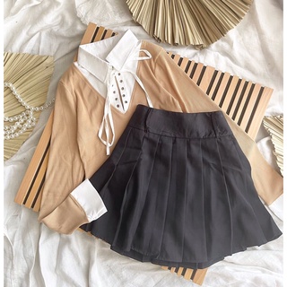 Set váy áo cổ sơ mi đan dây