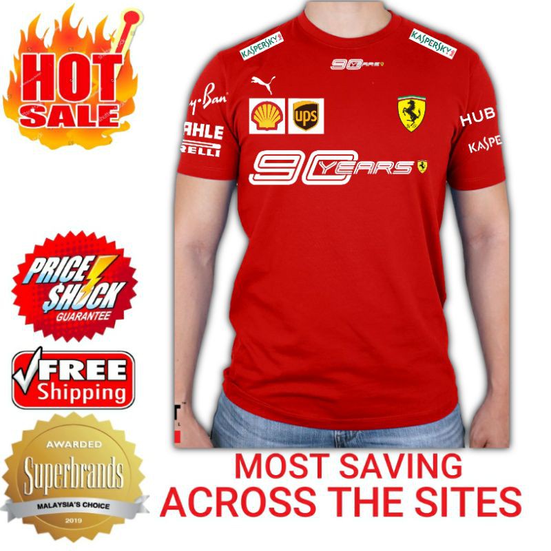 Áo Thun Cổ Tròn Họa Tiết Xe Đua Ferrari Kỷ Niệm 90 Năm Scuderia Cá Tính Cho Nam F1