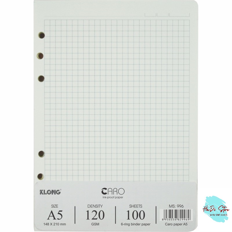 KLONG Sổ còng 6 lỗ size A5 ruột Caro/Dot Grid 100 tờ giấy dày