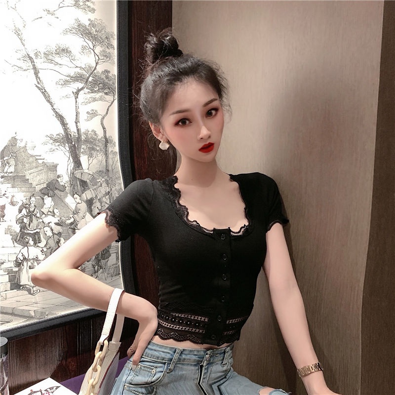 Áo thun dệt kim tay ngắn phối ren màu trơn thời trang mùa hè 2020 cho nữ
