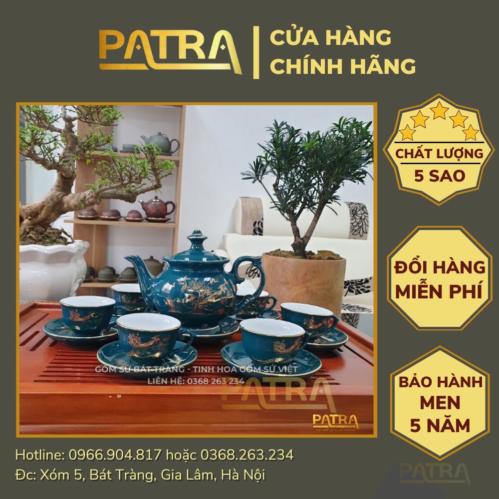 Bộ ấm chén uống trà cao cấp , bộ ấm trà Bát Tràng - vinh hoa phú quý xanh mallard
