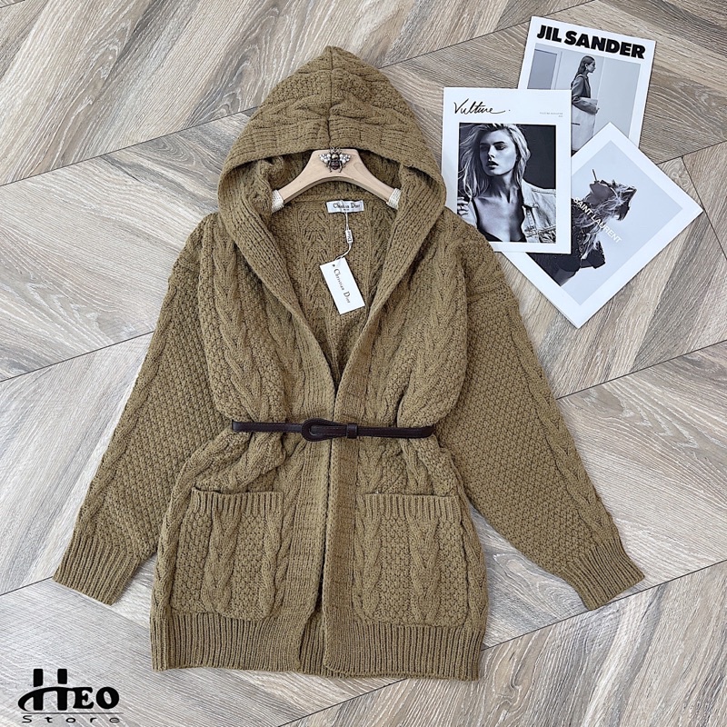 Áo khoác len mũ kèm đai nâu