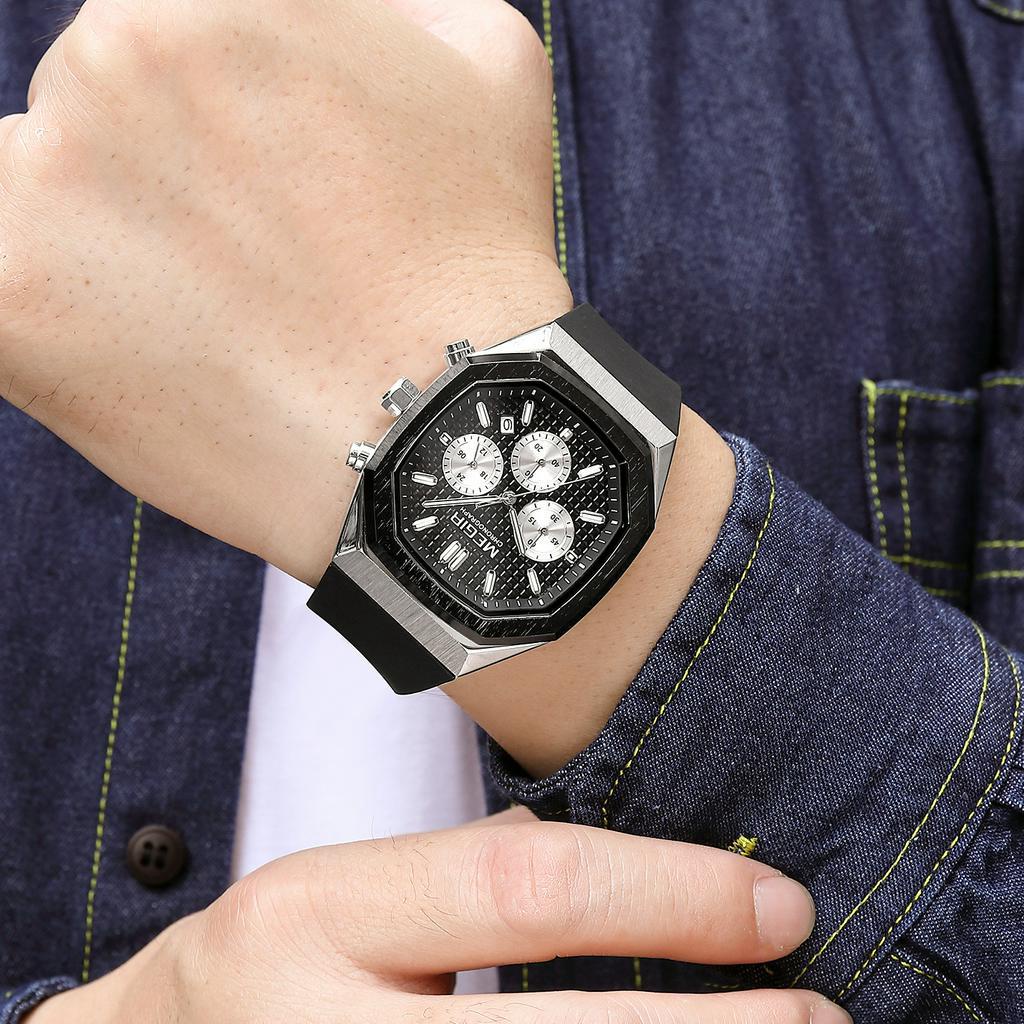 Megir Đồng Hồ Thể Thao Ba Kim Hình Bát Giác Dây Silicone Chống Nước Dành Cho Nam