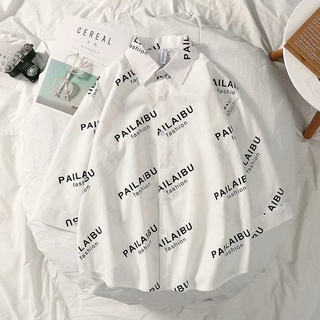 [M-3xl] Áo sơ mi nửa tay in tiếng Anh đơn giản thời trang tươi mát cho bé trai bé gái phù hợp với phong cách Harajuku Tay áo ba phần tư thiếu niên Áo sơ mi hoa Áo sơ mi ngoài Áo khoác thông thường Phong cách Preppy Học sinh Nửa-