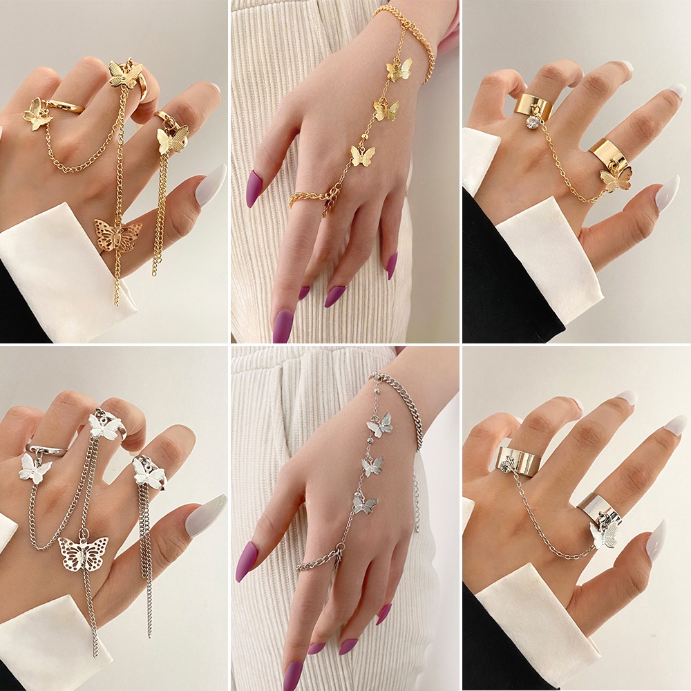 Set nhẫn 17KM màu bạc vàng kim phối mặt bướm thập giá sợi xích vintage