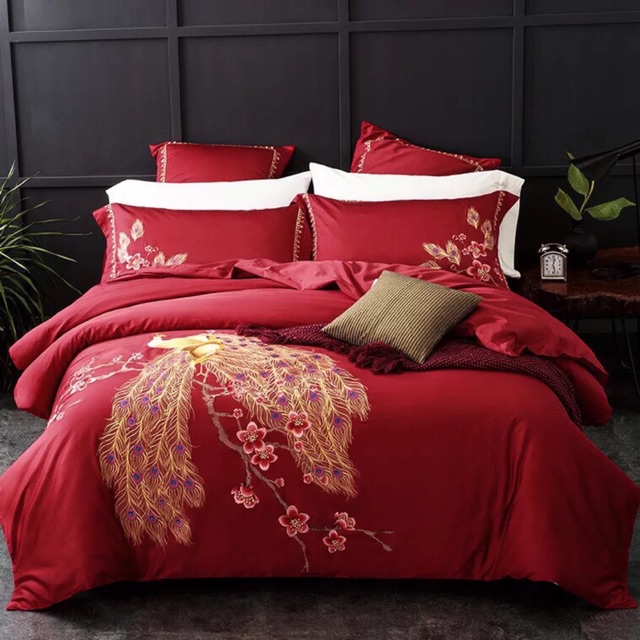 Trọn bộ chăn ga gối lụa con công 6 món
