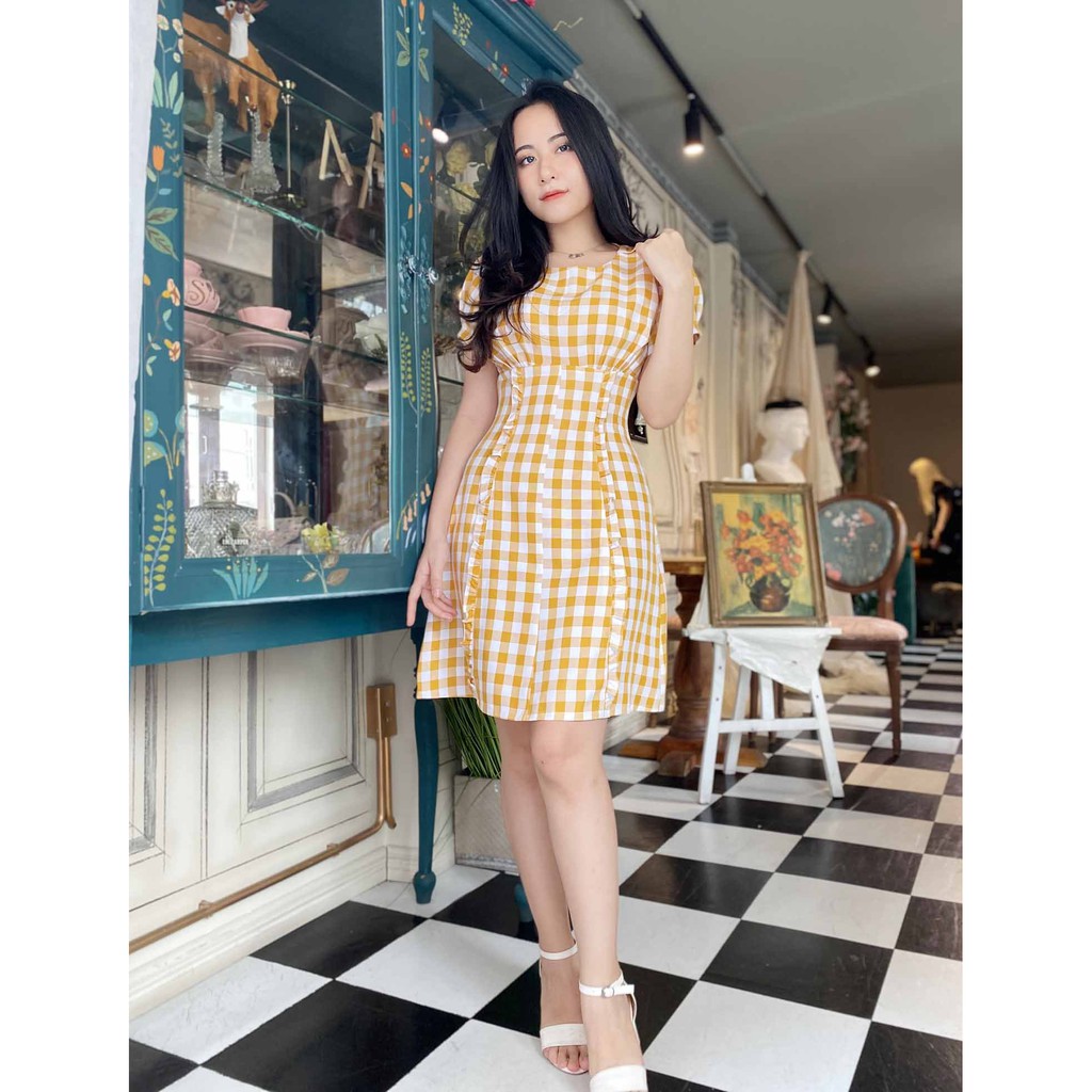 Đầm công sở nữ caro cam thiết kế trẻ trung dáng xòe tay ngắn mềm mát thoải mái