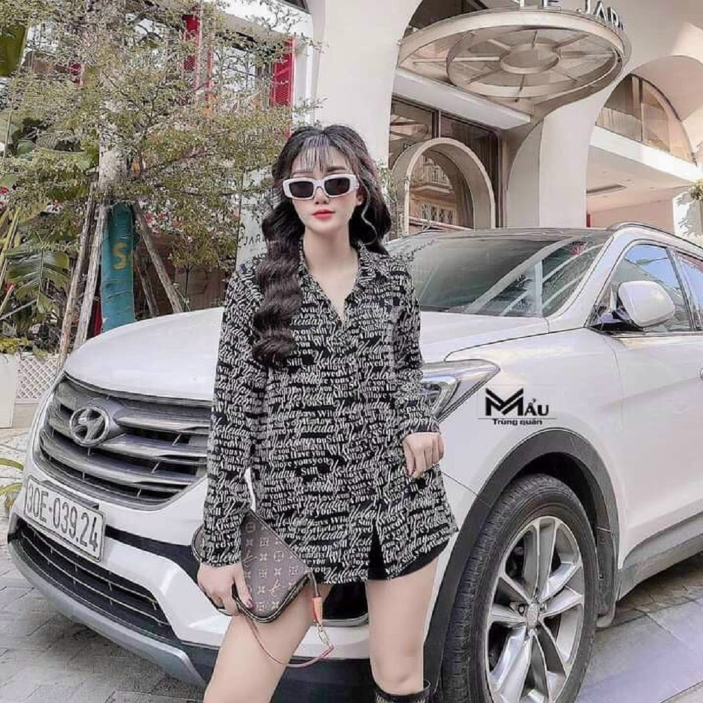 Áo sơ mi nữ tay dài in chữ trắng đen phong cách Hàn Quốc - 722