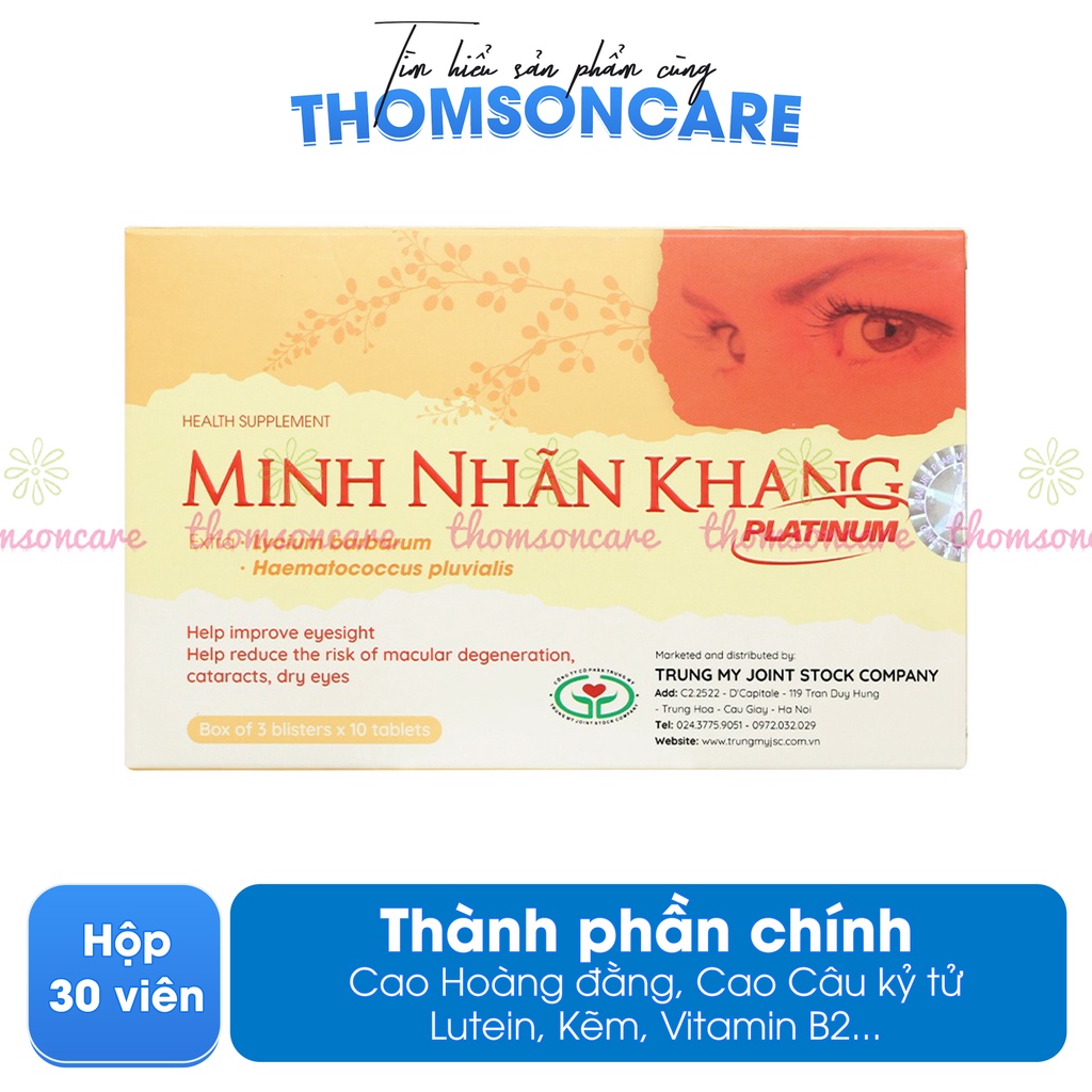 Viên uống bổ mắt Minh Nhãn Khang Platinum - Giúp cải thiện thị lực, giảm khô mắt từ thảo dược thêm Lutein - Hộp 30 viên