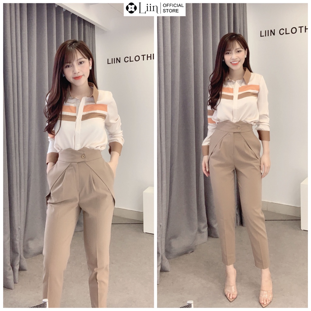 Quần baggy nữ màu nâu cách điệu thiết kế cạp lệch, cúc chéo form công sở mặc tôn dáng Liin Clothing Q3453