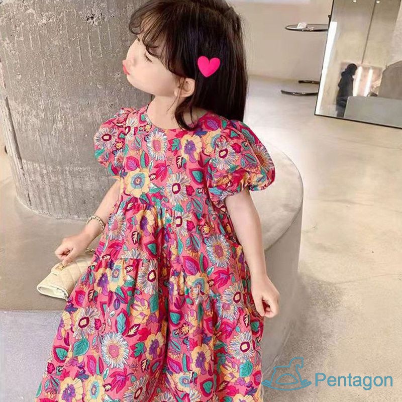 Đầm Tay Ngắn Cổ Tròn In Họa Tiết Hoa Xinh Xắn Thời Trang Cho Bé Gái 1-5 Tuổi