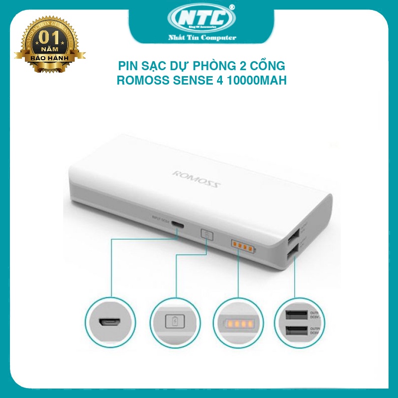 Pin sạc dự phòng Romoss Sense 4 10400mAh hỗ trợ 2 cổng sạc cùng lúc (Trắng) - Hãng phân phối chính thức