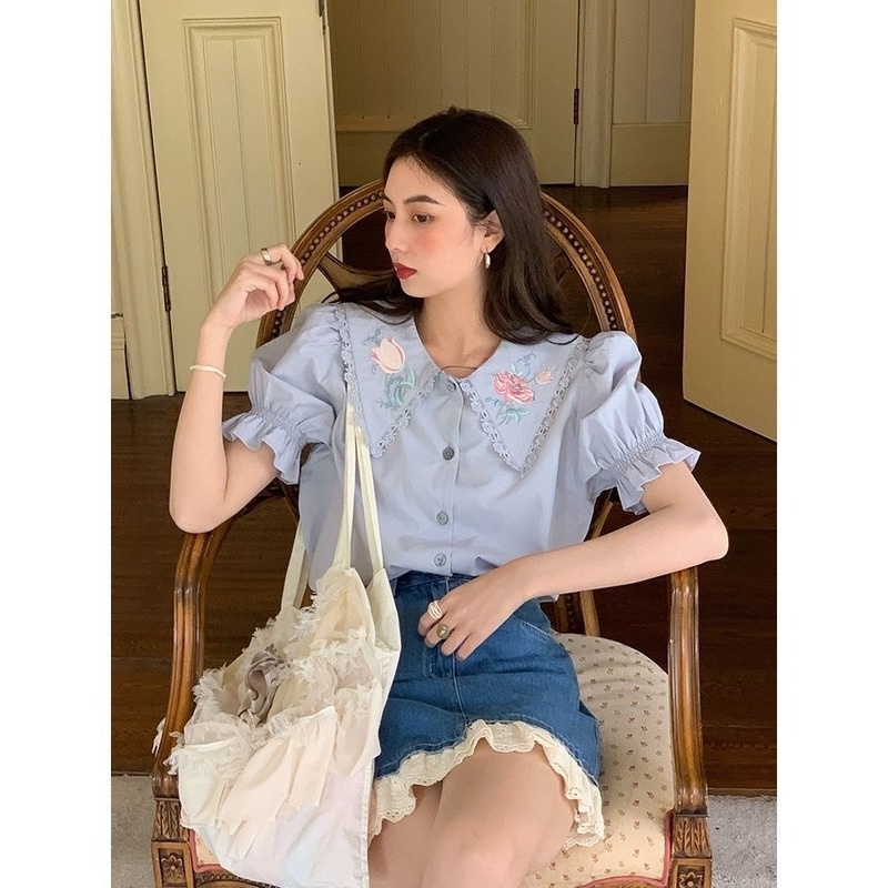 Áo Sơ Mi Tay Ngắn Phồng Cổ Búp Bê Thêu Họa Tiết Phong Cách Retro Pháp Thời Trang Cho Nữ