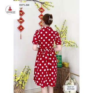 Đầm Nữ NHẬT VY Chấm Bi Cúc Bọc Chít Eo Công Sở Chất  Lụa Bi - D1871