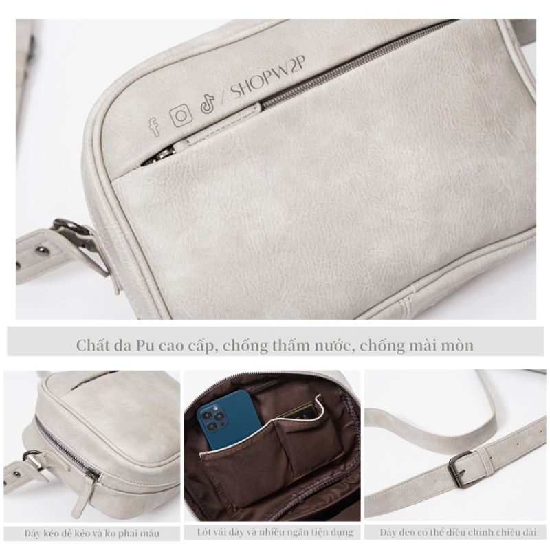 Túi đeo chéo màu xám W2P 4068 da Pu cao cấp chống thấm nước chống mài mòn thời trang cá tính tiktok ulzzang