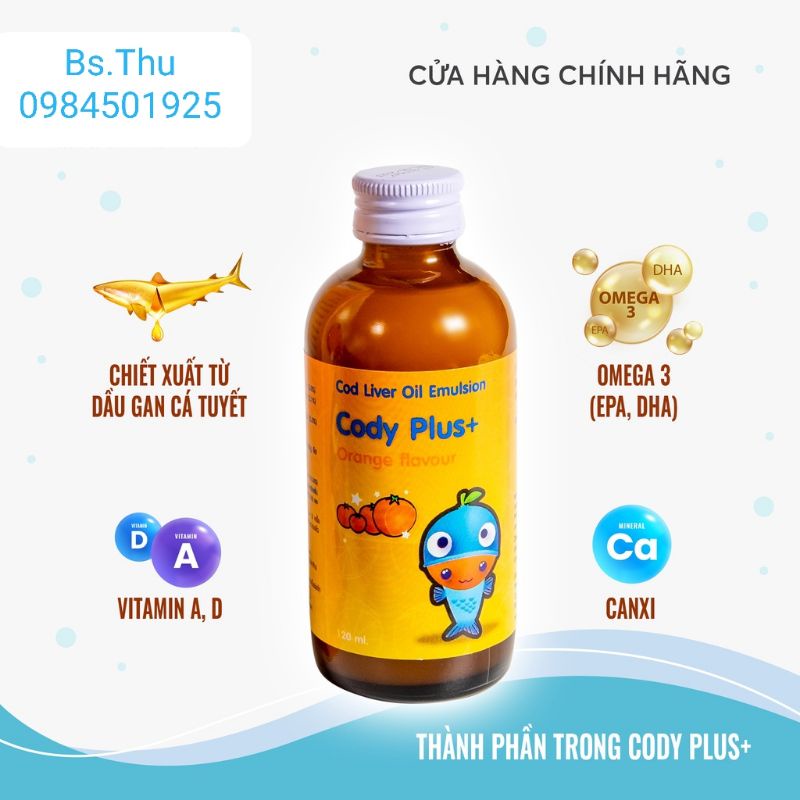 Siro Cody Plus Plus+ bổ sung DHA, EPA, vitamin A, D giúp bé phát triển não bộ, thông minh tập trung, ghi nhớ mắt sáng