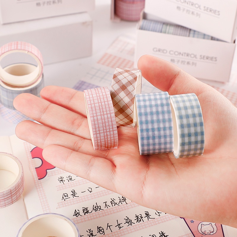 Set 6 cuộn washi tape caro nhiều màu, băng dính giấy vintage trang trí sổ cute