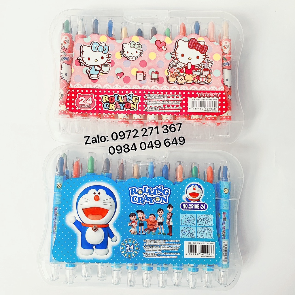 [Mã LIFEBOOK1 giảm 30K đơn 150K] 01 bộ Sáp vặn Doraemon, Mèo Kitty 24 màu hộp nhựa xinh xắn