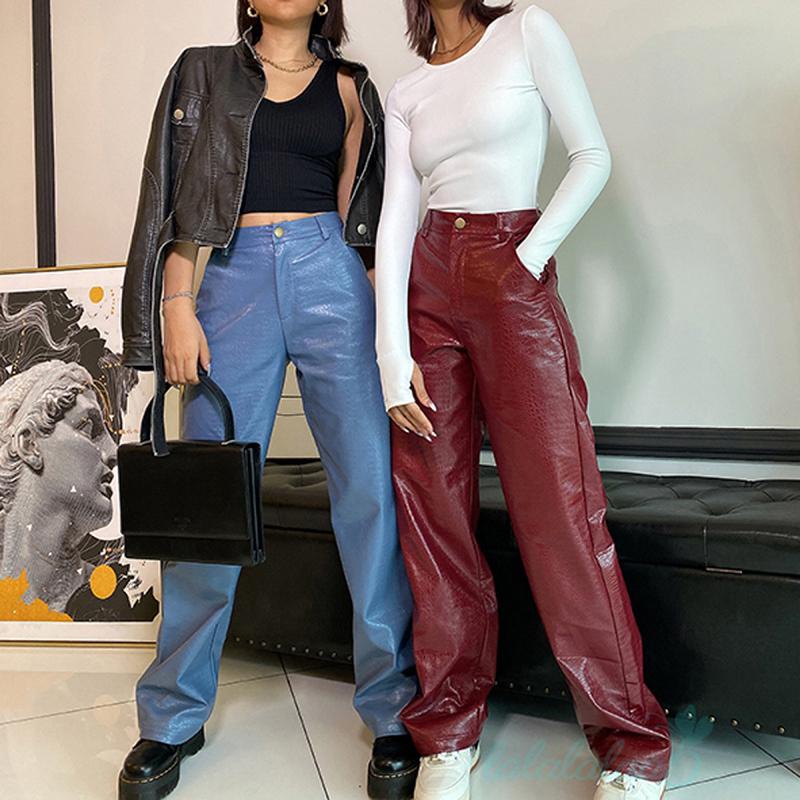 Quần da ống rộng lưng cao phối túi thời trang xuân thu dành cho nữ | BigBuy360 - bigbuy360.vn