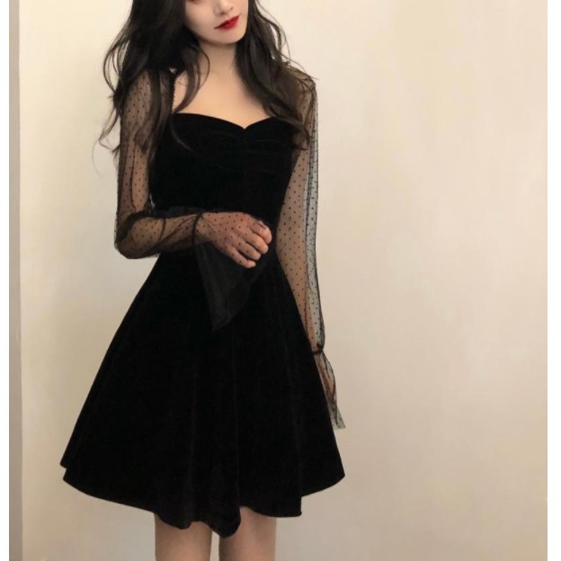 Korean style square neck long sleeve A-line dress for women