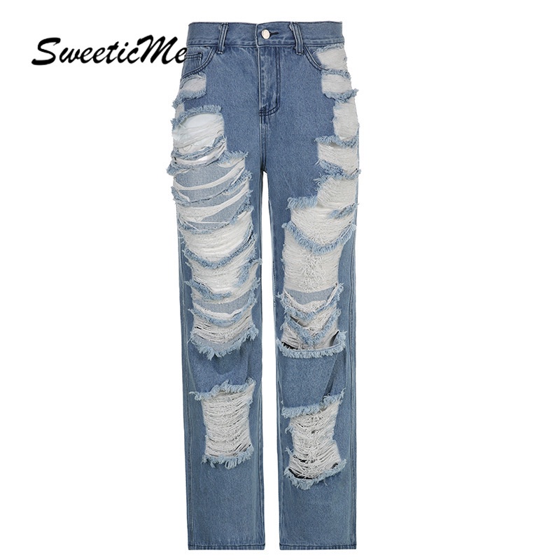 Quần Jean Lưng Thấp Phối Rách Kiểu Đường Phố SweeticMe   Cho Nữ
