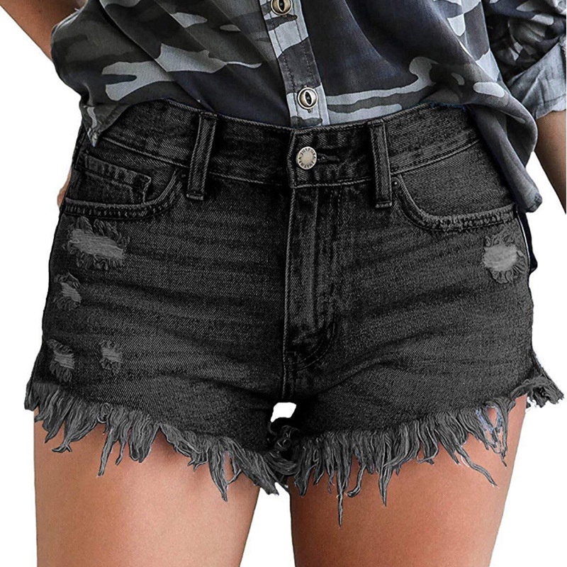 Quần Short Denim Lưng Cao Đính Tua Rua Cho Nữ