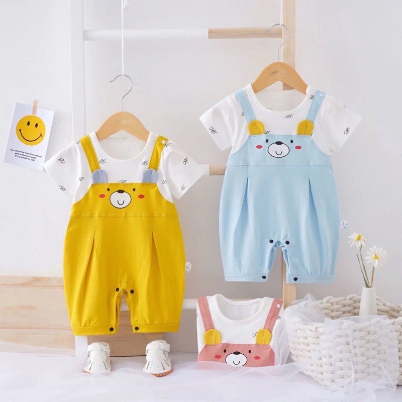 Bộ body Bodysuit yếm cộc tay hình gấu 3 màu cho bé 0-12 tháng tuổi