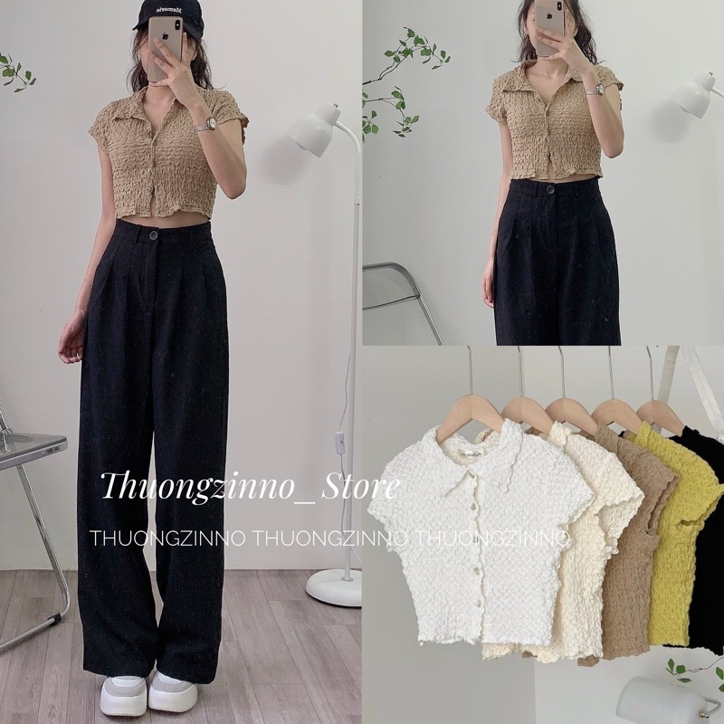 [Ảnh thật/Video]Áo Polo NHĂN kiểu Hàn cúc trước siêu tôn dáng Áo croptop cổ đức phong cách thể thao