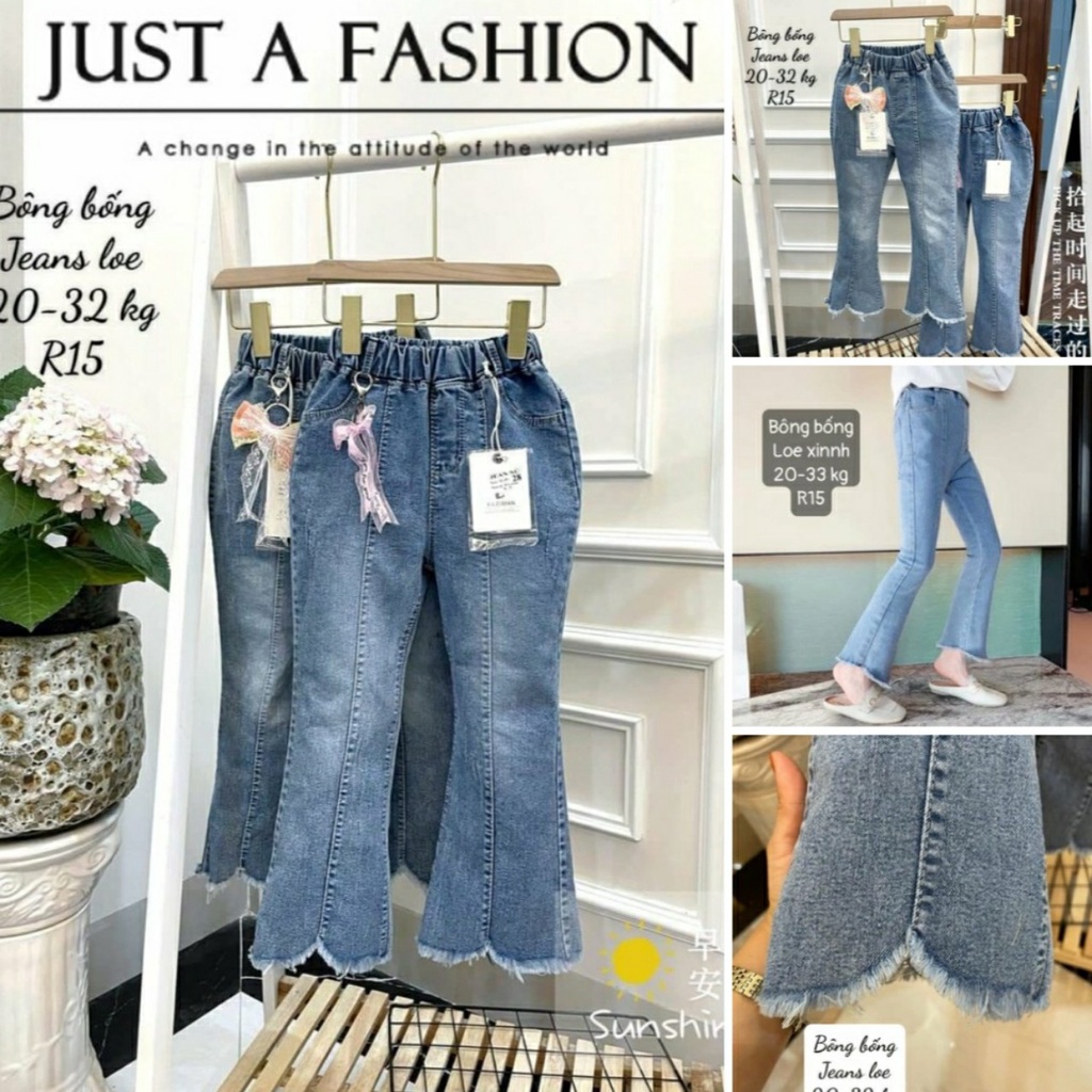 Quần jeans dài ống loe cực xinh cho bé gái 16-30kg
