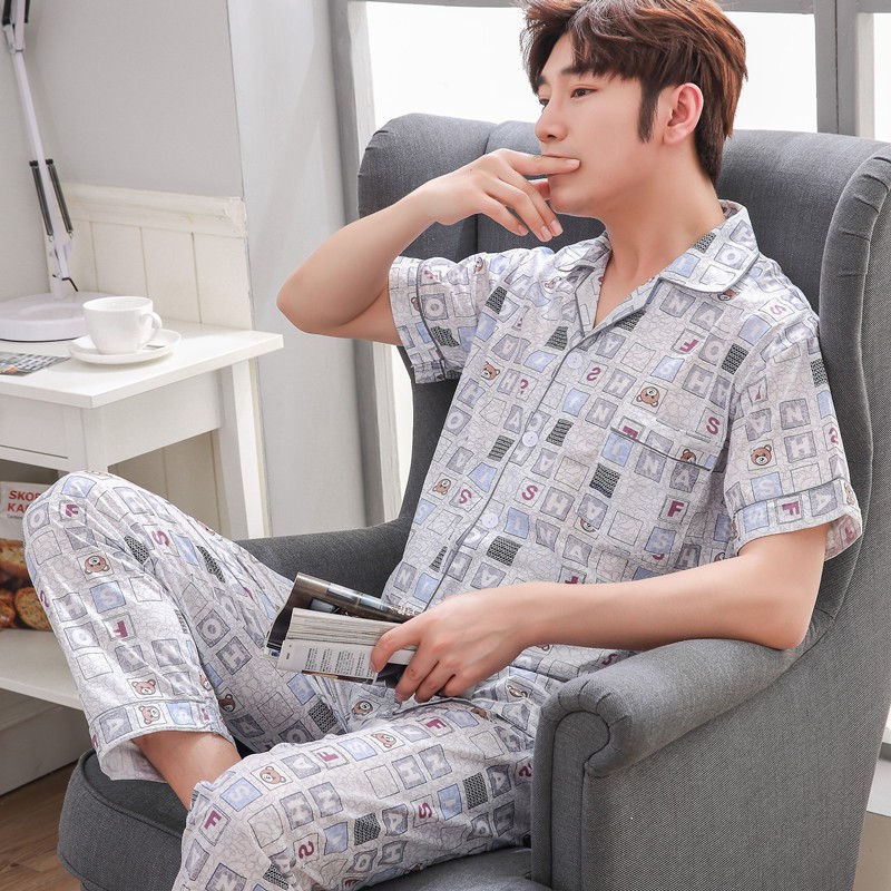Bộ đồ ngủ nam kẻ sọc ngắn tay hoạt hình bằng vải cotton phục vụ tại nhà | BigBuy360 - bigbuy360.vn