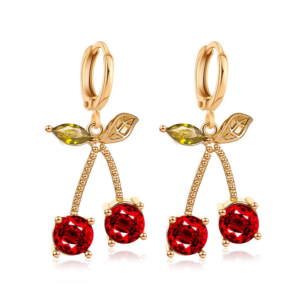 Bộ Trang Sức Gồm Dây Chuyền Và Bông Tai Mặt Quả Cherry Đính Pha Lê Đỏ Áo Thun Tay Ngắn Cổ Tròn In Hình Thời Trang Cá Tính