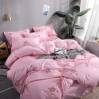 Trọn Bộ Drap Giường Chần Bông Heo Hồng Cute Cotton M6*2M-M8*2M((1 Chăn Phao, 1 Ga, 2 Vỏ Gối Đầu, 1 Vỏ Gối Ôm)