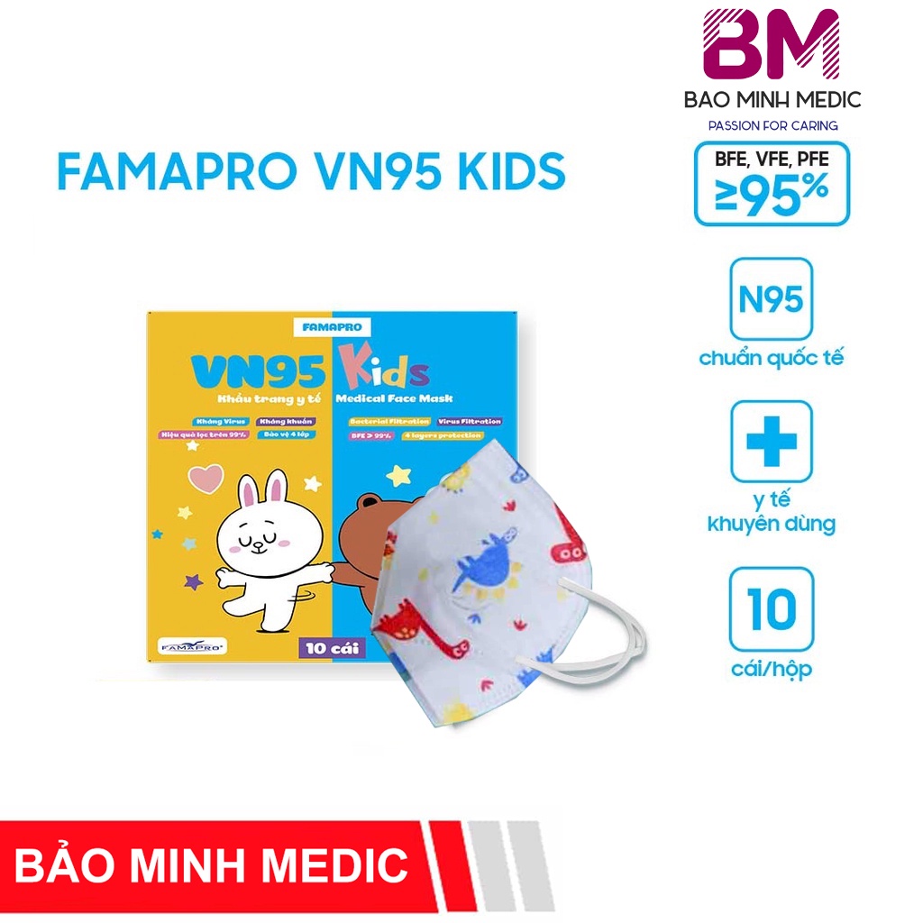 [Mua lẻ giá sỉ] Khẩu trang y tế chính hãng cao cấp 4 lớp Famapro VN95 cho trẻ từ 3 đến 10 tuổi (10 cái/hộp)