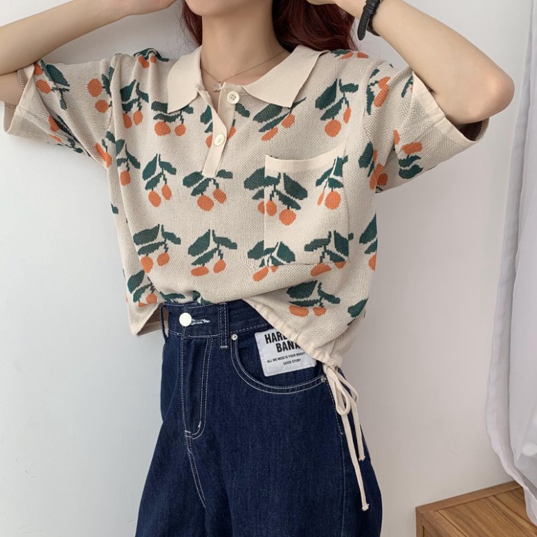 HÀNG CÓ SẴN [CÓ SẴN FREESHIP TỪ 50K] Áo kiểu len cổ polo rút dây eo hình hoa tay ngắn mùa thu tay lỡ ULZZANG