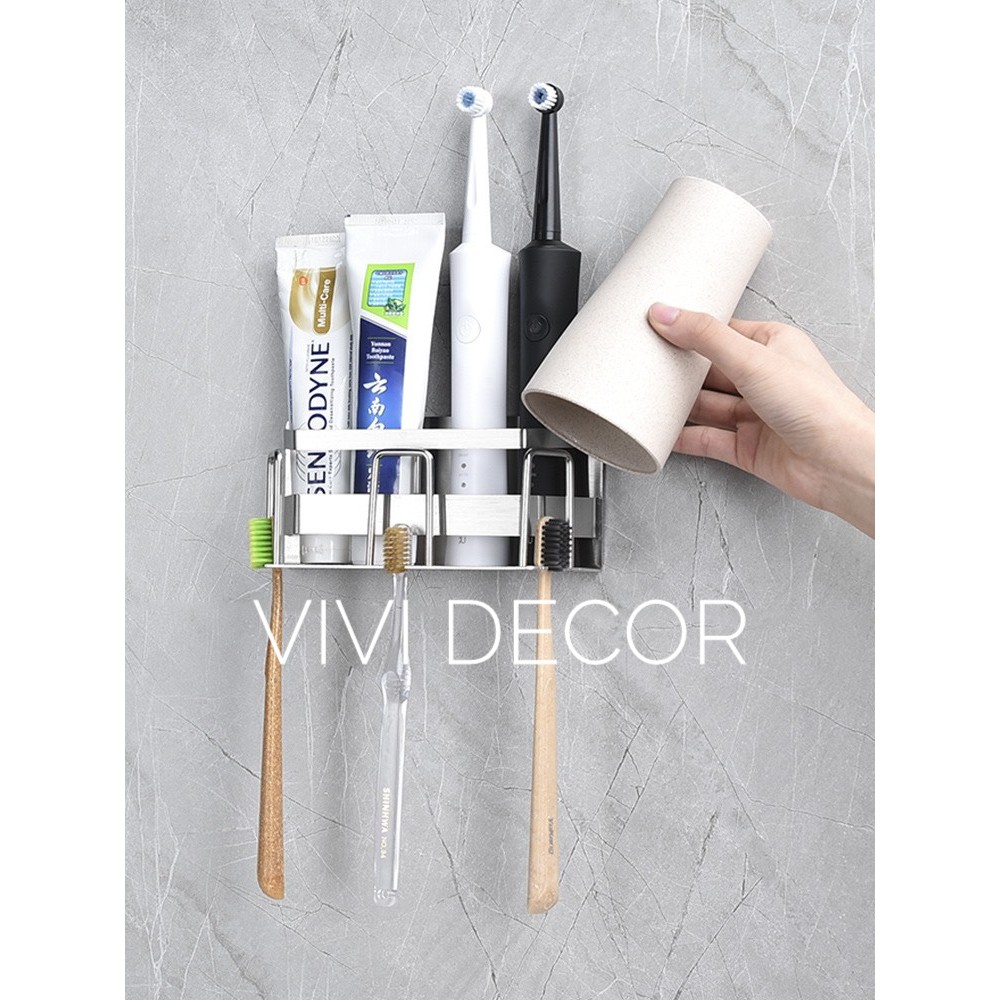 Kệ Đựng Tuýp Kem Đánh Răng , Bàn Chải INOXSUS304 Phay Xước Cao Cấp Đa Năng Chéo Dán Tường
