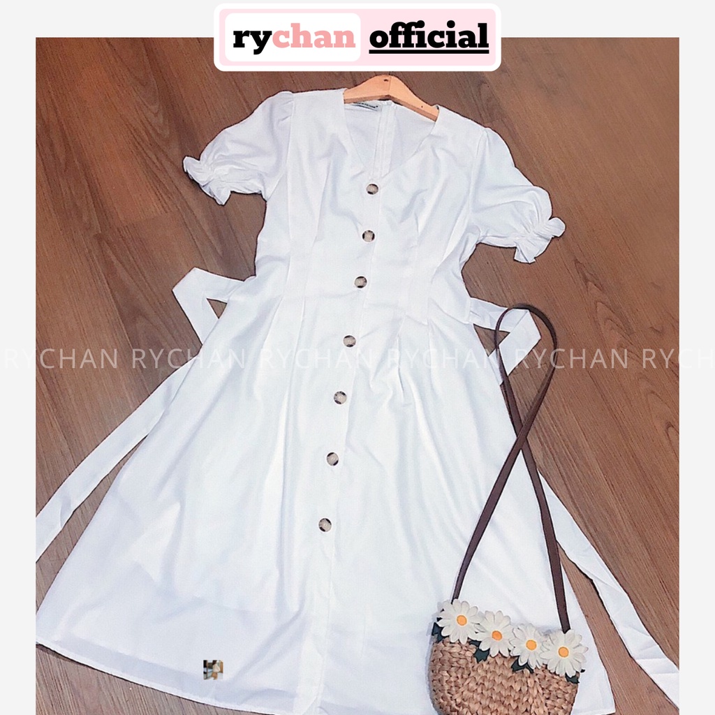 [ẢNH THẬT CUỐI] DX176 - Đầm Xòe Trắng Đính Cúc Nhún Eo
