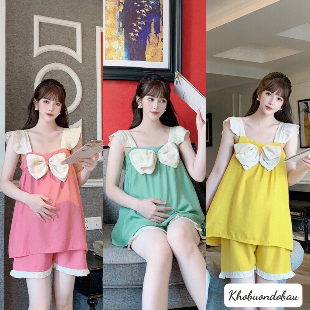Bộ đồ Bầu và Sau Sinh chất đũi lụa mềm mại, đính nơ trước ngực điệu đà BĐ868