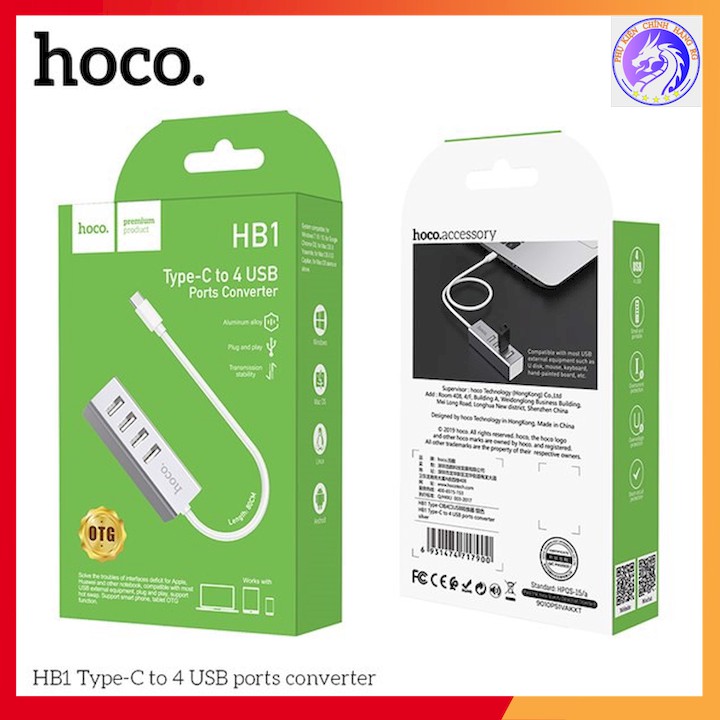 HUB Hoco HB1 Chuyển Đổi Type C Sang 4 Cổng USB Tiện Lợi Cho Macbook Đời Mới - Hàng Chính Hãng - BH 1 Năm