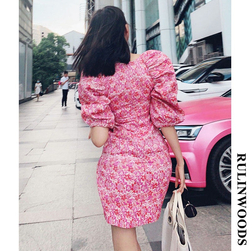 TAFON Elegant French Puff Sleeve Fashion Floral Dress